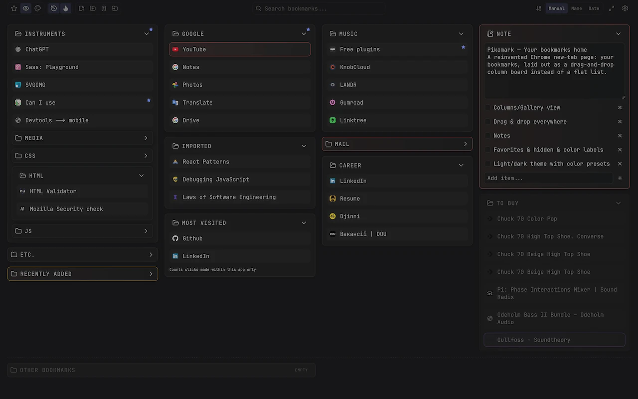 A dense dark-theme board with notes, recently added, most visited and hidden folders