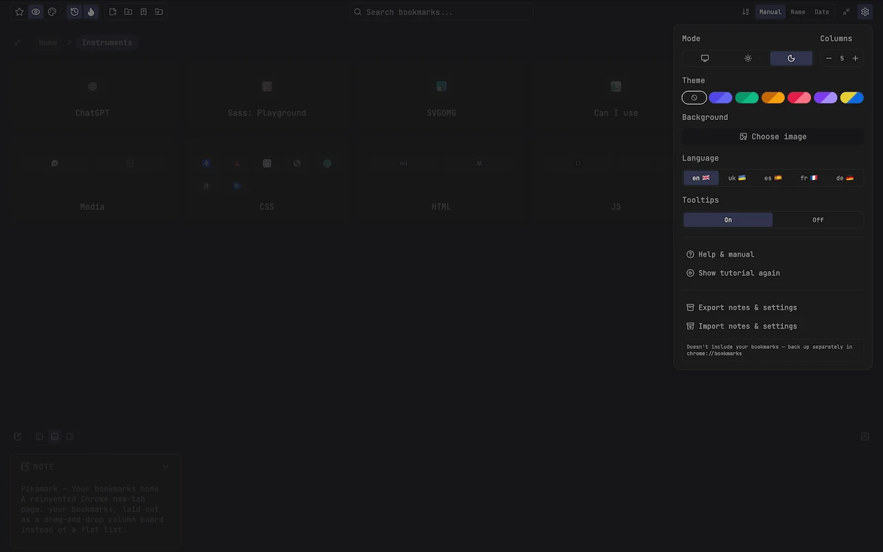 Appearance settings — theme, accent color, background, language