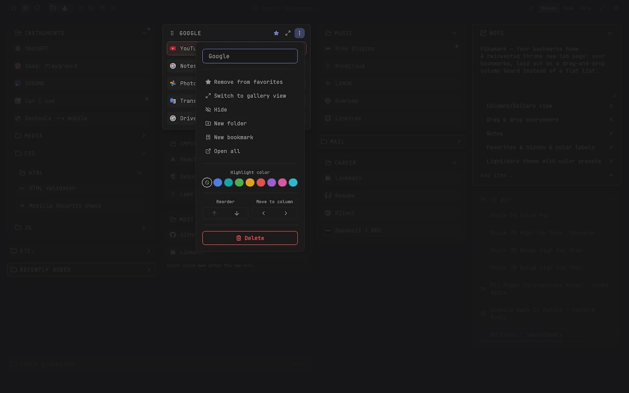 Color labels and the items actions menu